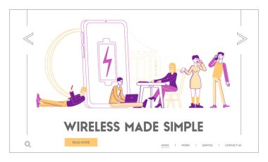 Pil Düşük Seviye Kablosuz Yükleme Sayfa Şablonu. Karakterler Şarj Aygıtları, Cep telefonları ve Gadget 'lar. Gençler Büyük Batarya 'nın yakınında akıllı telefon ve tablet kullanıyor. Doğrusal Vektör İllüstrasyonu