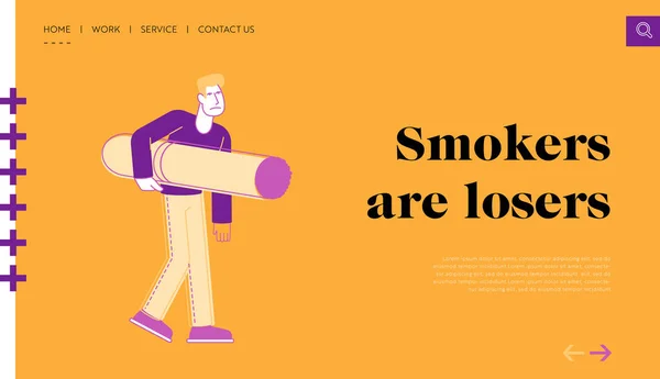 Sigara Bağımlısı ve Kötü Sağlıksız Alışkanlık İniş Sayfası Şablonu. Nikotin ve Tütün Ürünleri Bağımlı Adam. Bağımlı Erkek Karakter Ellerinde Kocaman Bir Sigara Taşır. Doğrusal İnsanlar İllüstrasyonu — Stok Vektör