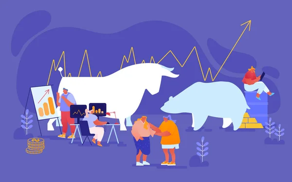 Les gens négocient à ETX. Businesspeople Brokers or Traders Characters Analyse Global Fond and Finance News for Buying and Selling Bonds and Currency Bears and Bulls. Illustration vectorielle de bande dessinée — Image vectorielle