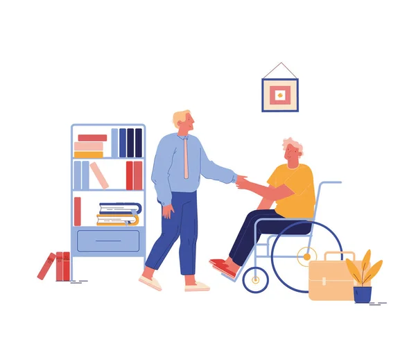 Απασχόληση με ειδικές ανάγκες, εργασία για άτομα με ειδικές ανάγκες Αναπηρία άνθρωπος χαρακτήρα Sit in Wheelchair Shaking Hand with Boss or Colleague in Office Παρουσιάζοντας με νέο χώρο εργασίας. Εικονογράφηση διάνυσμα κινουμένων σχεδίων — Διανυσματικό Αρχείο