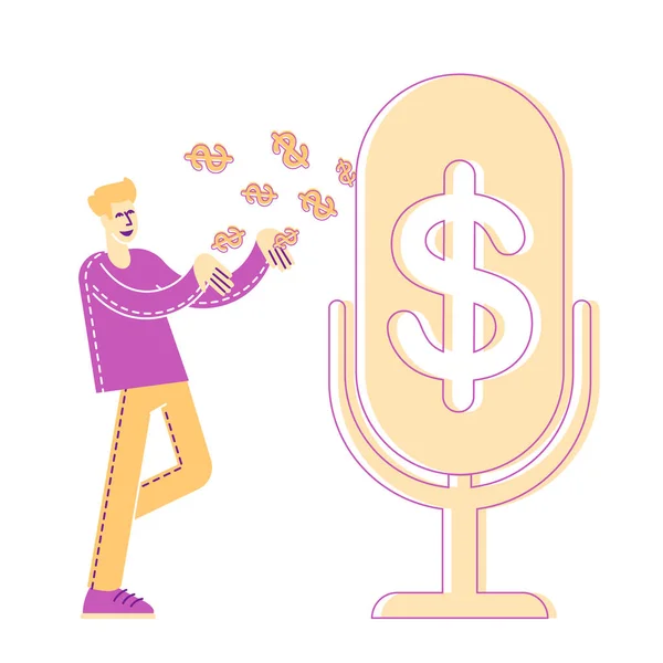 Money Talks and Financial Radio or Tv Program Broadcasting. Male Character Stand at Huge Microphone Catching Dollar Signs Flying to his Hands. Businessman Speaking of Money. Linear Vector Illustration — Stock Vector