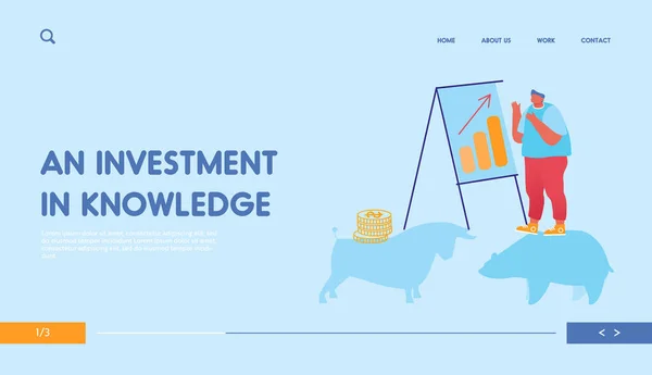 Bourse et trading Modèle de page de débarquement. Businessman Character Analyze Fund Market Stand at Chartboard avec Growing Arrow Graph. Bulls and Bears Bonds. Illustration vectorielle de bande dessinée — Image vectorielle