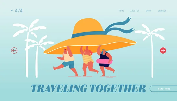 Sezon letni, szablon strony Lądowanie wakacje. Tiny People Carry Huge Tropical Hat Cieszący się wakacjami, relaks na plaży. Postacie na Seaside Egzotyczne Resort. Ilustracja wektora kreskówek — Wektor stockowy