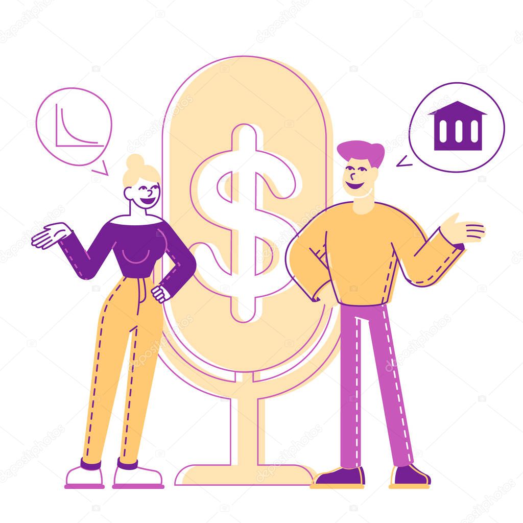 Male and Female Characters Money Talks. People Stand at Huge Microphone with Dollar Sign Communicate and Discussing Financial Deals. Business Consulting, Specialist Advice. Linear Vector Illustration