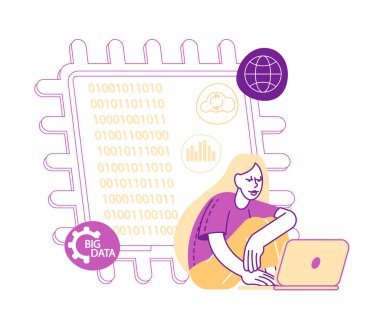 Kuantum Hesaplama Konsepti. Hesaplamayı gerçekleştirmek için kuantum mekanik fenomen süperpozisyonu ve dolanıklık. Not Defteri Büyük Mikroçip 'te oturan Kadın Karakter. Doğrusal Vektör İllüstrasyonu