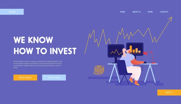 Broker Service Bulls and Bears Fund Landing Page Template. Carácter de comerciante empresaria que trabaja en la venta de computadoras y la compra de divisas, bonos y metales en el mercado de valores. Ilustración de vectores de dibujos animados — Vector de stock