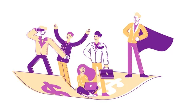 Business People Team Travel on Flying Money Carpet (em inglês). Empresário em Superhero Cloak, Empresária a trabalhar no portátil. Sucesso Financeiro, Direção de Trabalho em Equipe, Realização. Ilustração Linear do Vetor —  Vetores de Stock