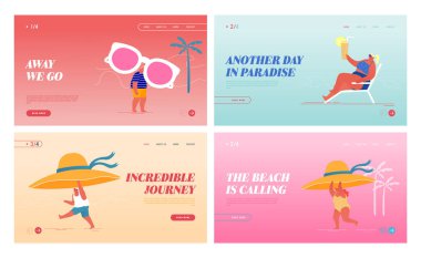 Mutlu İnsanlar Egzotik Deniz Kıyısı Tatil Köyü Şablonu 'nda Rahatlıyor. Tropikal Şapkalı, Güneş gözlüklü ve Kokteylli Erkek ve Kadın Küçük Karakterler, Yaz Tatili. Çizgi film Vektör İllüstrasyonu