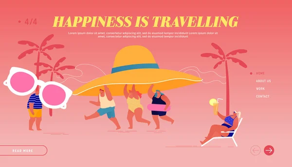 Summer Time Season Landing Page Template. People Enjoy Summertime Vacation, Relaxing on Beach. Male and Female Tiny Characters Carry Tropical Hat on Exotic Seaside Resort. Cartoon Vector Illustration — Stock Vector