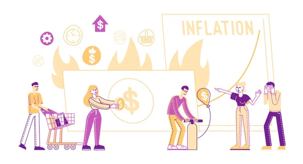 Inflationskoncept. Små manliga kvinnliga karaktärer pengar värde lågkonjunktur, pris öka processen. Riskkrisen på finansmarknaden i procent. Ostabil nominellt värde. Linjära människor vektor Illustration — Stock vektor