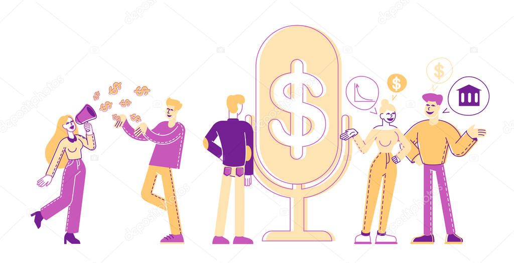 Group of People Stand near Huge Microphone with Dollar Sign Communicate and Discussing Financial Deals. Male and Female Characters Money Talks, Business Consulting, Advice. Linear Vector Illustration