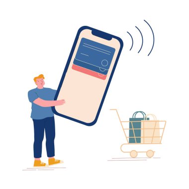 Alıcı Karakteri, Trolley yakınlarındaki Çevrimiçi Ödeme Uygulaması ile Büyük Akıllı Telefon 'a sahip. Nakitsiz Alışveriş ve Mobil Uygulama için İletişim Yok Servisi. Çizgi film Vektör İllüstrasyonu