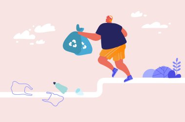 Erkek Spor Karakteri Günlüğü Konsepti. Koşan Adam Torbalara Çöp Toplama, Koşan Adam, Geri Dönüşüm İçin Plastik Çöp Toplama, Çevre Koruma. Çizgi film Vektör İllüstrasyonu