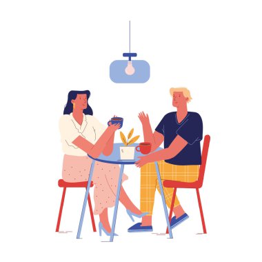 Genç çift otelde kahvaltı yapar ya da Masada oturur kahve içer ve iletişim kurar. Erkek ve Kadın Evli ya da Yeni Evli Karakterler Sabah Gevşeme Rutini. Çizgi film İnsanları Vektör İllüstrasyonu