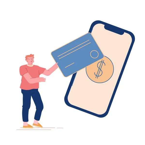 Geen contact Betaling Concept. Man Koper Karakter Houd Enorme Credit Card Stand in de buurt van Smartphone met Dollar Inloggen Supermarkt. Aankopen op internet met mobiele telefoon Betalen. Cartoon Vector Illustratie — Stockvector