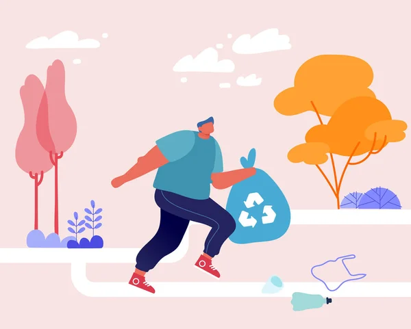 Sportman Karakter Plogging in Park Concept. Running Man Verzamel vuilnis naar zakken voor recycling. Joggen Plogger Het verzamelen van plastic prullenbak in Park, Milieubescherming. Cartoon Vector Illustratie — Stockvector