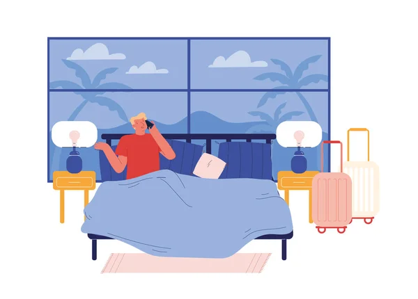 Male Character Hotel Lodger Lying in Bed with Exotic Window View Call to Reception Order Breakfast in Suit. Man Tourist Summer Time Vacation. Room Service Ordering Concept. Cartoon Vector Illustration — Stock Vector