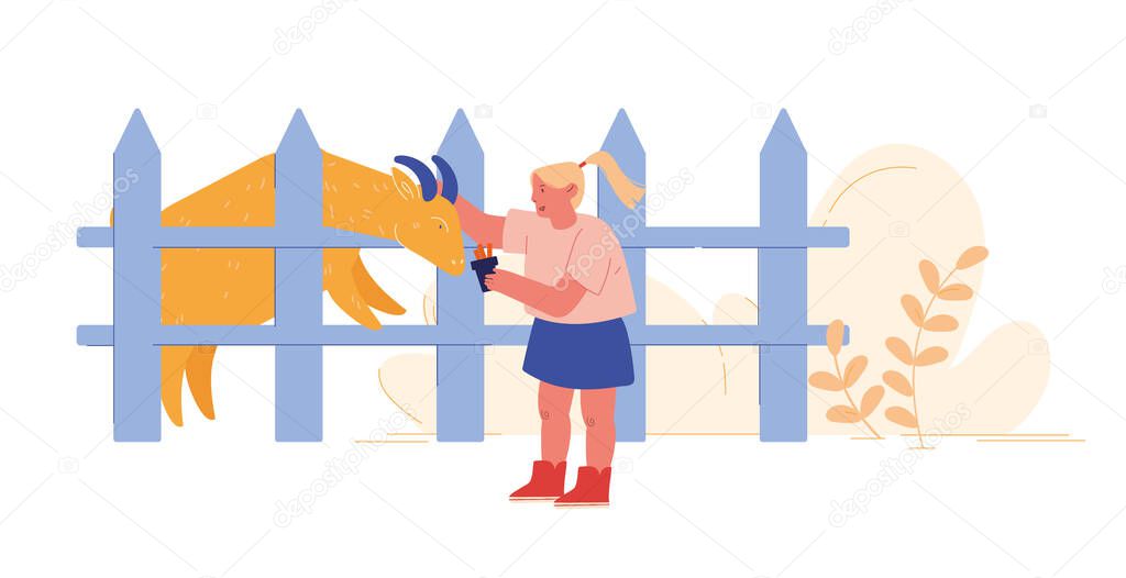 Cheerful Kid Feeding Cute Goat in Wooden Cage at Outdoor Farm Zoo. Child Character Spend Time in Animal Petting Park on Weekend. Leisure, Spare Time, Summer Time Vacation. Cartoon Vector Illustration