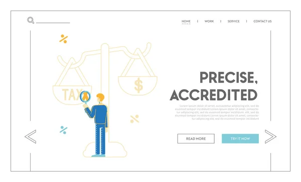 納税者の支払い、金融破産事業税ランディングページテンプレート。ビジネスマンキャラクター巨大なスケールで税金の拡大ガラスを通して見て、銀行融資。線形ベクトルイラスト — ストックベクタ