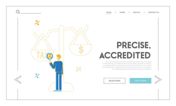 Платежи налогоплательщиков, финансовое банкротство Налогообложение бизнеса Посадка страница шаблон. Характер предпринимателя Посмотрите через увеличительное стекло на налог в огромных весах, кредит банка. Линейный вектор
