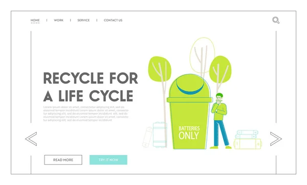 E-waste Recycling, Nature Protection Landing Page Template. Tiny Male Character Stand front of Huge Litter Bin for Accumulators and Batteries. Reduce Electronics Garbage. Linear Vector Illustration — Stock Vector
