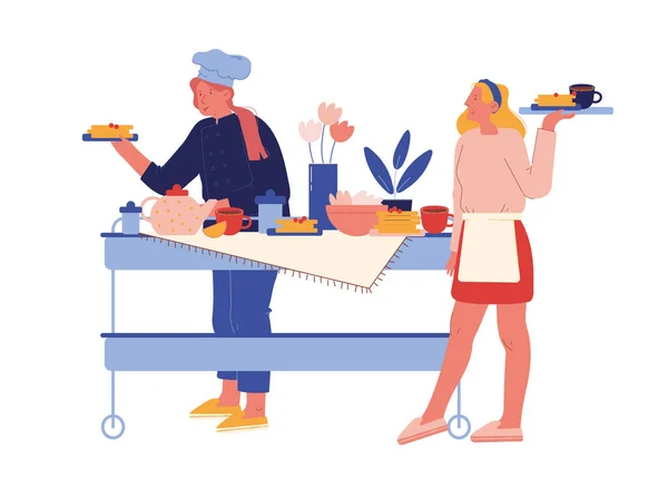 Personnel de l'hôtel servant le petit déjeuner. Personnages féminins en uniforme debout à la table avec divers repas pour les invités. Hospitality Restaurant Service, Touristic Business Concept. Illustration vectorielle des personnages de bande dessinée — Image vectorielle