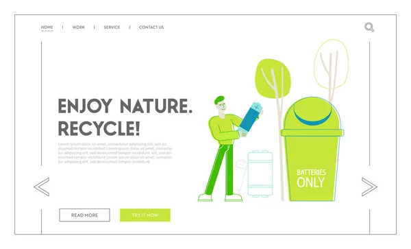 Protezione dell'ecologia Landing Page Template. Piccolo personaggio maschile Rimuovere i rifiuti elettrici, l'uomo getta enorme batteria nel cestino speciale per il riciclaggio e la separazione dei rifiuti. Illustrazione vettoriale lineare — Vettoriale Stock