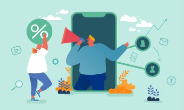 Karakterler Referans Programı Stratejisi, Ağ Pazarlama, Ortaklık Konsepti. Hoparlörde çalışan bir iş adamı. Arkadaşlarına, iş ortaklarına referans veriyor. Çizgi film İnsanları Vektör İllüstrasyonu