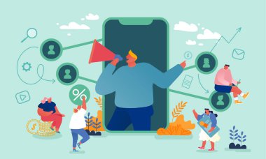 Referans Programı İş Konsepti. Satıcı Karakteri, Megafon Çekiciliğine Bağırıyor Arkadaşları Yönlendirecek Seyirciyi Çekiyor. İnternet ve İlişki Ağı 'na Bağlı İnsanlar. Çizgi film Vektör İllüstrasyonu