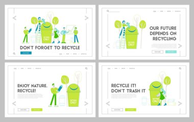 Dünya Gezegeni Kirlilik İniş Şablonu Şablonunu Azalt. Karakterler, Büyük Çöp Kutusuna Elektronik Aletleri ve Bataryaları Atıyor. Doğa Koruma Programı. Doğrusal İnsanlar Vektör İllüstrasyonu