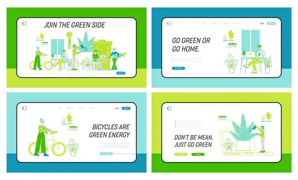 Gli uomini d'affari lavorano insieme nel moderno Green Office con Plants Landing Page Template Set. Personaggi creativi con computer portatili Utilizzare le tecnologie Eco per il lavoro, squadra di successo. Illustrazione vettoriale lineare — Vettoriale Stock