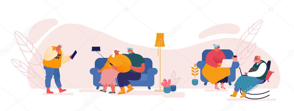 Set of Senior People Using Smart Devices. Aged Male and Female Old Characters Use Gadgets, Making Selfie on Smartphone, Chatting on Laptop Sitting at Home, Self Isolation. Cartoon Vector Illustration