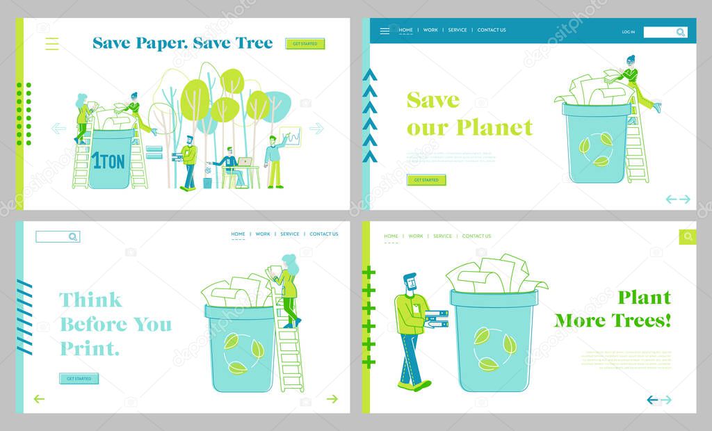 Paper Saving, Stop Trees Cutting and Deforestation Landing Page Template Set. Eco Conservation, Tiny Characters Throw Paper Waste to Recycle Litter Bin for Reusing. Linear People Vector Illustration