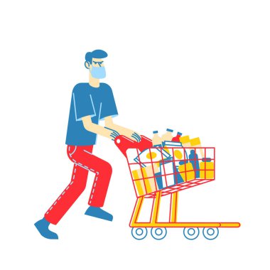 Koruyucu Yüz Maskesi Giyen Adam Kıyamet Günü için farklı malzemelerle dolu alışveriş arabası itiyor. Süpermarkette panik, Salgın Kaos, Erkek Karakter Kıyamete Hazırlık. Doğrusal Vektör İllüstrasyonu