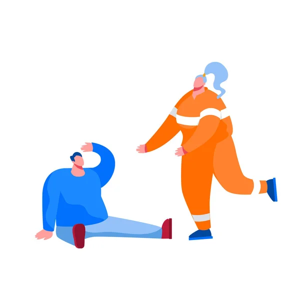 Rescatador personaje femenino con uniforme naranja corriendo para ayudar al hombre herido sentado en el suelo. Ayuda de emergencia de ambulancia, salvación de víctimas, primeros auxilios a personas enfermas. Ilustración de vectores de dibujos animados — Vector de stock