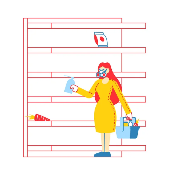 Жіночий персонаж носіння захисної маски стоїть в супермаркеті порожня полиця намагаючись знайти товари для покупки. Пандемічний хаос, глобальний панічний і всесвітній карантинний режим. Лінійні Векторні ілюстрації — стоковий вектор