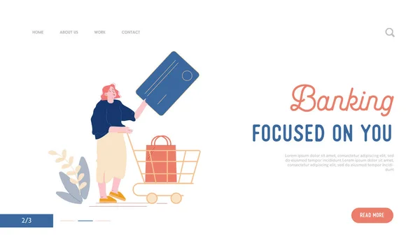 Berührungslose Zahlung Landing Page Template. Female Customer Character Stand im Supermarkt Bereiten Sie Kreditkarte für bargeldloses Online-Bezahlen und Push Trolley mit Good in Store vor. Zeichentrickvektorillustration — Stockvektor