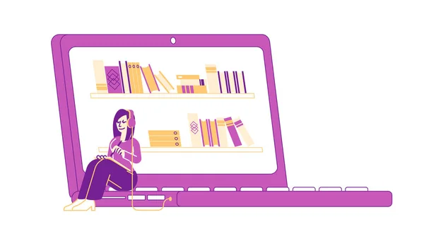 2015 년 12 월 1 일에 확인 함 . Female Student Character Wearing Headset with Tablet in Hands Sitting on Huge Laptop with Book Shelf on Screen Studying in Learning Class. 온라인 도서관의 여성 교육. 비유적 인 벡터의 예 — 스톡 벡터