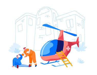 Tıbbi Personel Konsepti Taşımacılığı. Sokaktaki Yaralı Adam 'a Kurtarma Karakteri Yardım Et. Acil Helikopter Ambulansı hastanedeki ilk yardım bölümünün yakınına park etti. Çizgi film İnsanları Vektör İllüstrasyonu