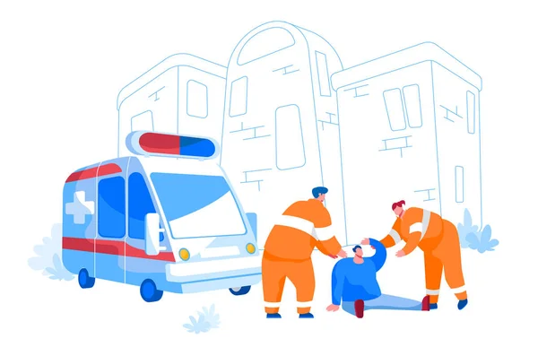 Персонажи спасателей в оранжевой униформе, помогающие раненому человеку, сидящему на земле на улице. Скорая помощь, скорая помощь, авария на дороге. Вектор карикатурных людей — стоковый вектор