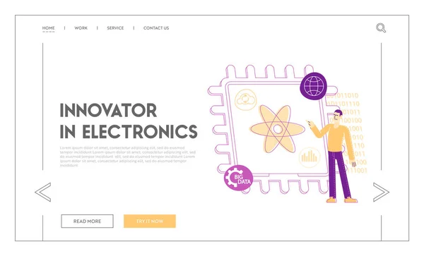 Símbolos de tecnologia Ai. Modelo de página de aterrissagem de engenharia de computação quântica ou supercomputação. Engenheiro de Computação Personagem Masculino Apontando no Símbolo Átomo no Microchip Enorme. Ilustração Linear do Vetor —  Vetores de Stock