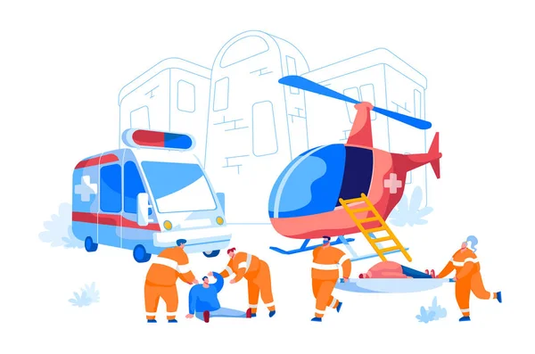 Zusammenarbeit zwischen Luftrettungsdienst und Notarztdienst am Boden. Sanitäter tragen Trage mit Patient zum Rettungswagen, Menschen evakuiert. Zeichentrickvektorillustration — Stockvektor