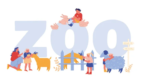 Små barn Besök Farming Zoo med föräldrar koncept. Barn tecken Petting husdjur Får, Kaniner och get, människor tillbringar tid på helgen. Affisch Banner Flyer Tecknad vektor Illustration — Stock vektor