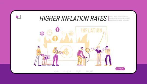 Inflation, instabil nominell värde landning sida mall. Små tecken pengar värde lågkonjunktur, pris öka processen. Riskkrisen på finansmarknaden i procent. Linjära människor vektor Illustration — Stock vektor