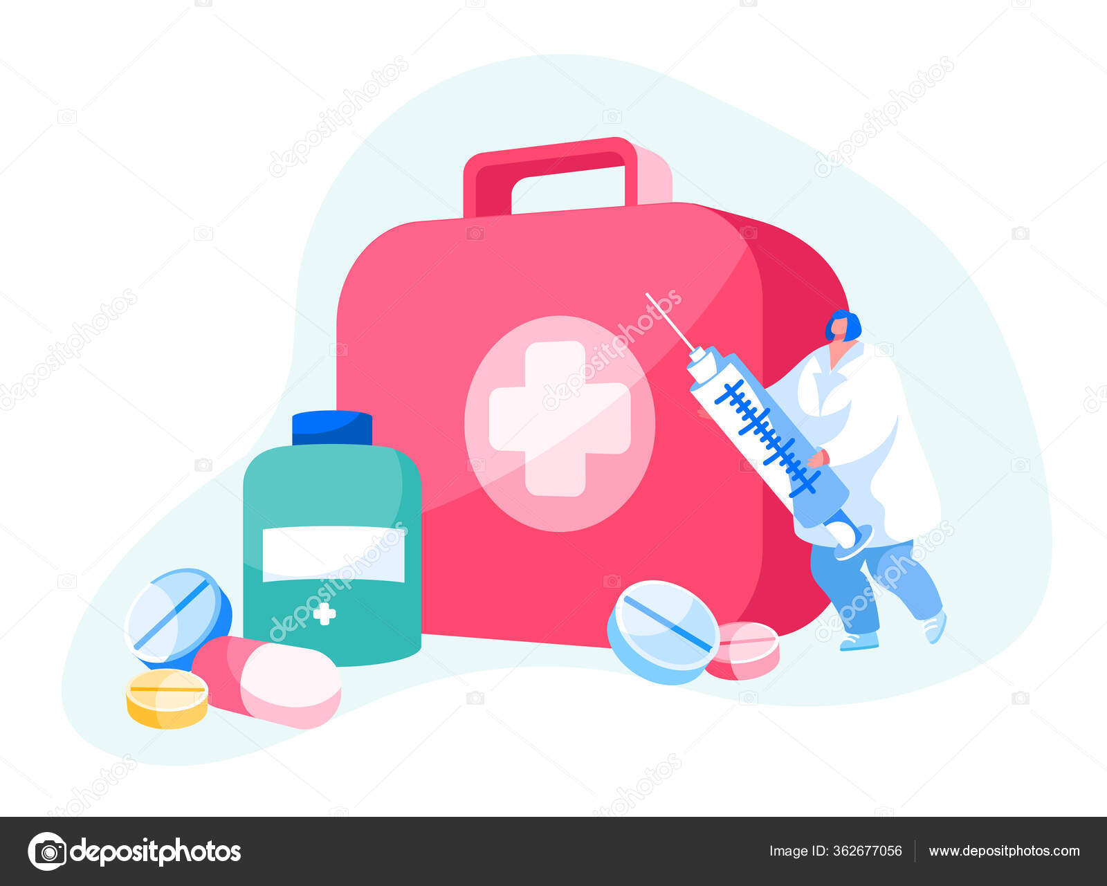 Médico ou enfermeiro personagem em White Robe Stand com seringa em caixa  enorme com ferramentas médicas.