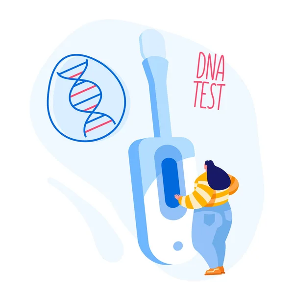 Kleine vrouwelijke karakter staan op Enorme Apparaat voor het bemonsteren van Express Dna Test om de aanwezigheid van besmettelijke ziekte, Coronavirus infectie, vaderschap te bepalen. Genetische technologie. Cartoon Vector Illustratie — Stockvector