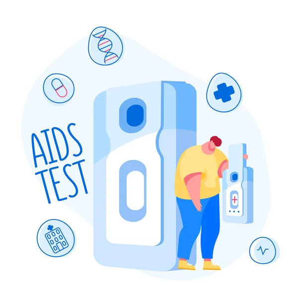 Sad Tiny Male Character Carry Enorme Express Test voor Detectie Aids of Hiv Disease. Infected Man Holding Positief Resultaat voor verworven Immuundeficiëntie Syndroom. Cartoon People Vector Illustratie — Stockvector