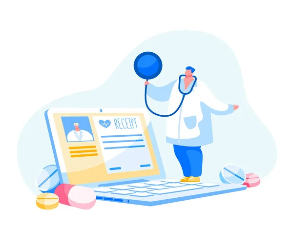 Medicina en línea. Carácter médico o enfermero con estetoscopio Soporte Enorme portátil con recibo en pantalla Ayuda al paciente enfermo distante. Clínica Web, Personal de Salud del Hospital. Ilustración de vectores de dibujos animados — Vector de stock