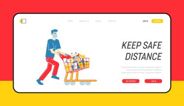 Süpermarkette panik, Salgın Kaos İniş Sayfa Şablonu. Koruyucu Maskeli Adam, Kıyamet Günü için Alışveriş Arabası Malzemeleri İtiyor. Erkek Karakter Kıyamete Hazırlan. Doğrusal Vektör İllüstrasyonu