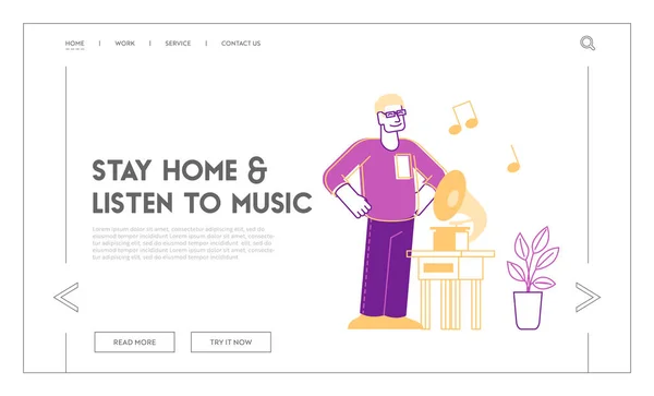 Stay Home Awareness Social Media Campaign and Coronavirus Prevention Landing Page Template. 2015 년 12 월 19 일에 확인 함 . Male Character Listening to Music on Vintage Gramophone on Covid 19 Quarantine. 비유적 인 벡터의 예 — 스톡 벡터